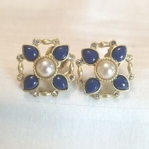 Gold Blue Pearl Flower Earrings